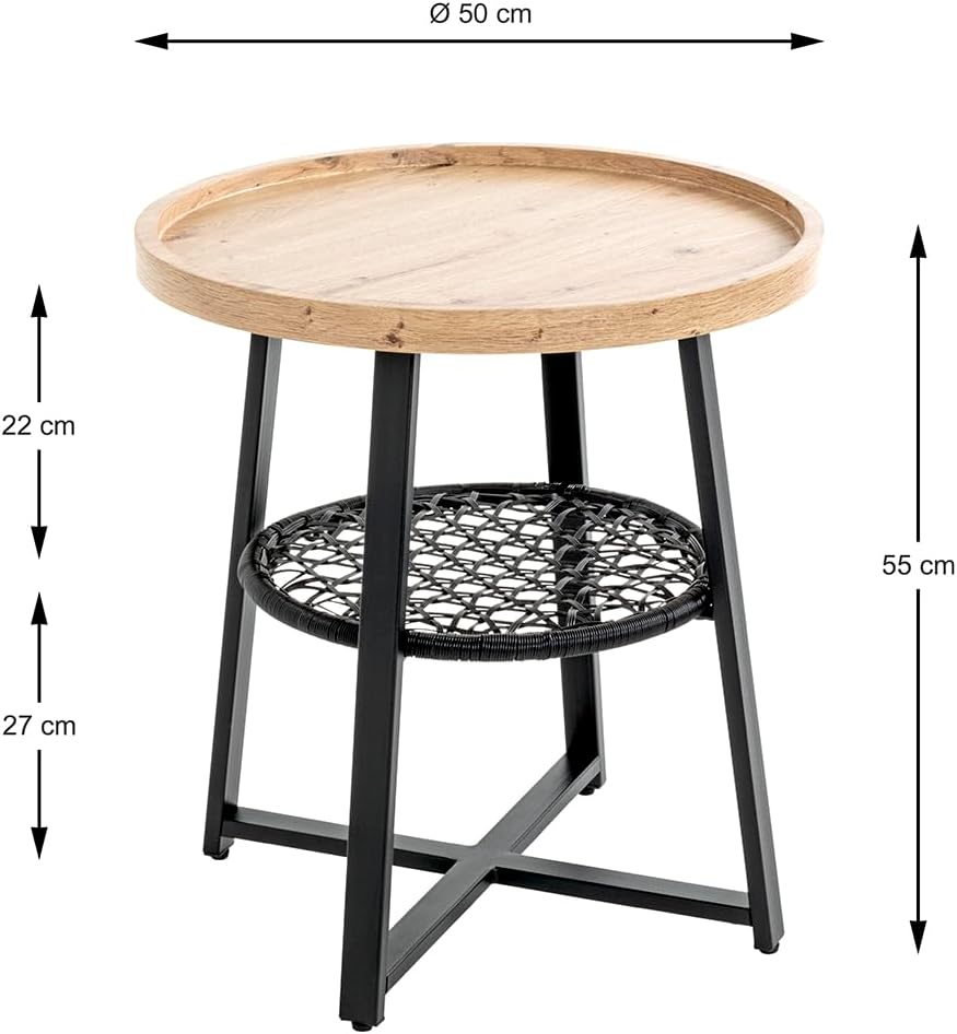 HAKU Bijzettafel, eiken, zwart, MDF, metaal, textielweefsel - afmetingen: H 55 x Ø 50 cm, stijl: modern