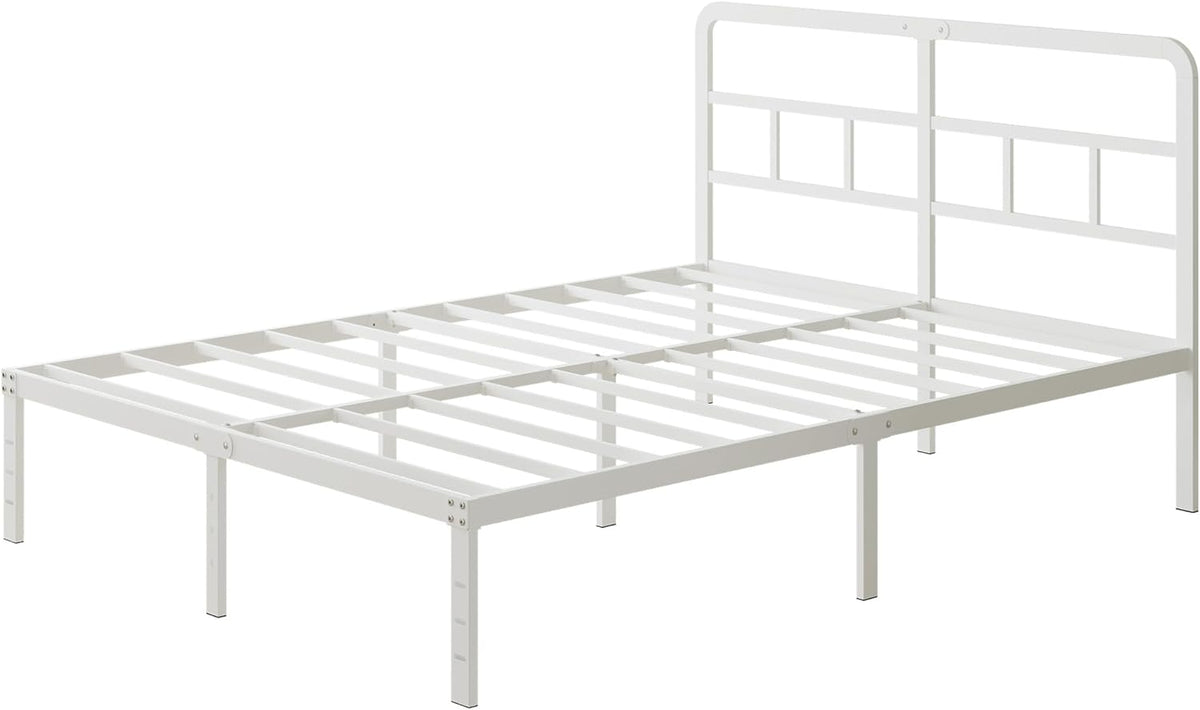 Lutown-Teen Metalen Bedframe 135x190 cm met Gebogen Hoofdbord, Hoogte 36cm, Dubbelbed Frame 135 x 190 met Lattenbodem Van Metaal, Opbergruimte onder het bed, Eenvoudige Montage, Wit