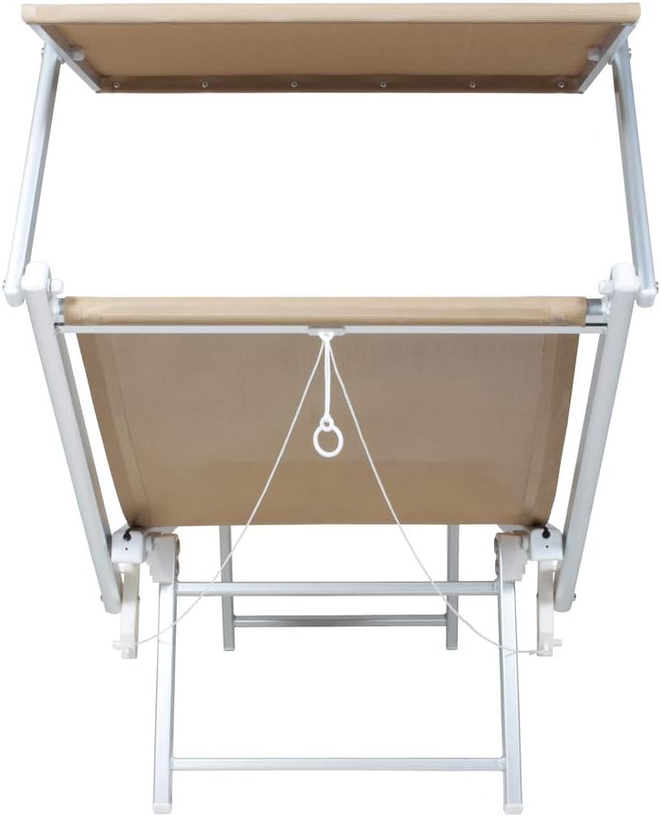 VERDELOOK Strandstoel met zonnedak, frame van aluminium, bespanning van textiel, 186 x 61 x 38 cm, zandkleurig
