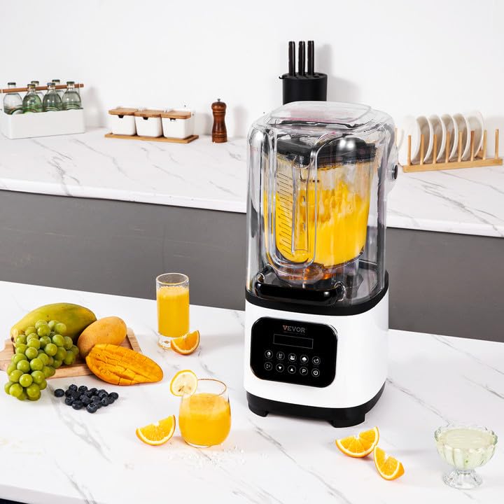 VEVOR Blender voor koude dranken, tafelmixer in glazen blik met bord inhoud ca. 2 l, mixer nominaal vermogen 1400 W roestvrij staal 5 functies voor bevroren dranken, smoothie, wit