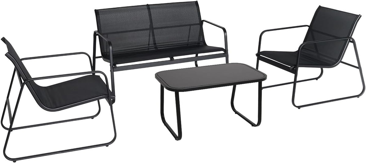 Brixy Tuinset - Loungeset - Tuinmeubelen - Tuinbank - Tuinstoelen - Tuintafel - Glazen blad - 4 Persoons - Zwart/Antraciet