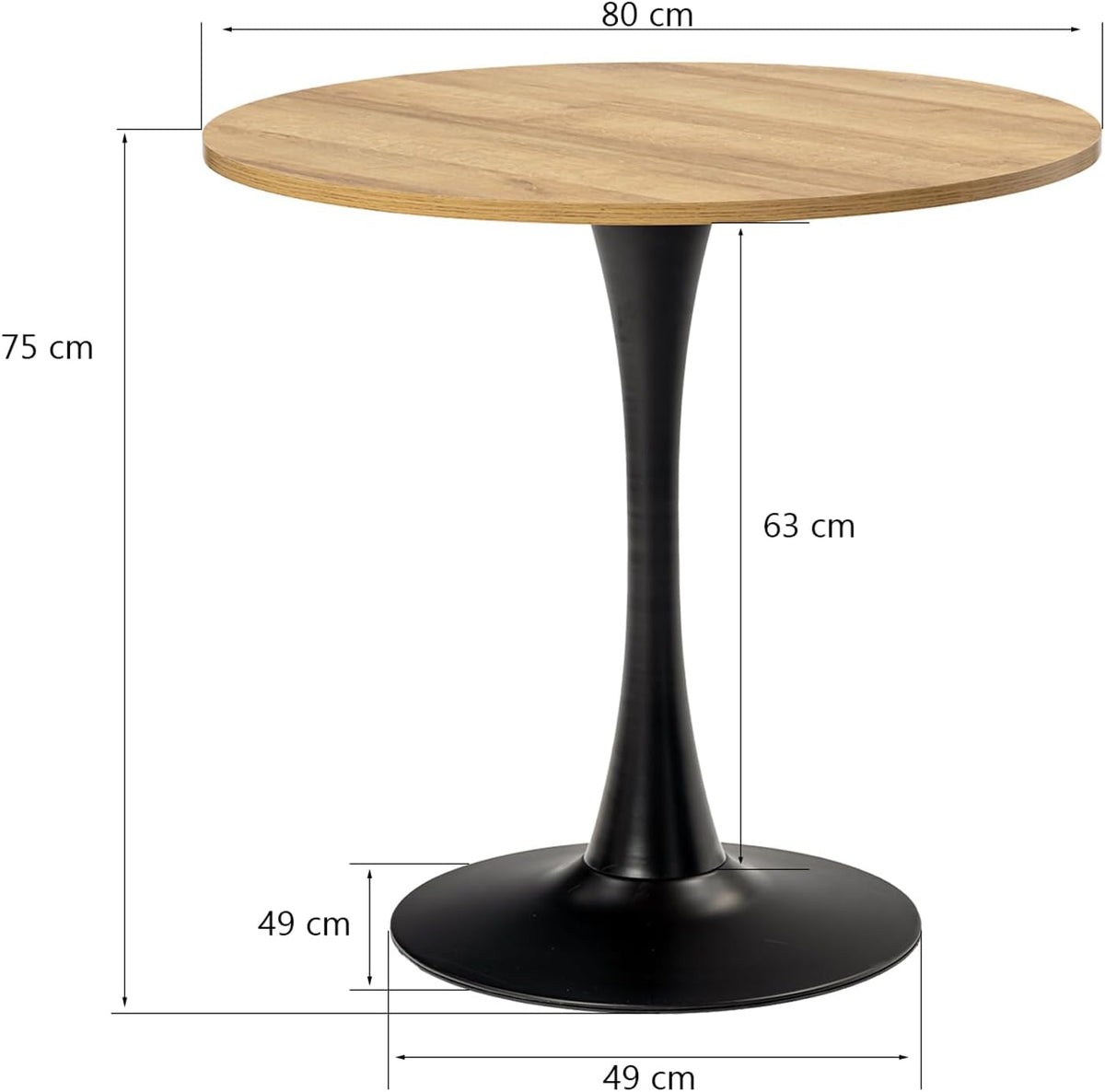 MEUBLE COSY Ronde eettafel voor keuken, woonkamer, kantoor, retrostijl, voor 2-4 personen, metalen frame, eiken + zwart, 80 x 80 x 75 cm