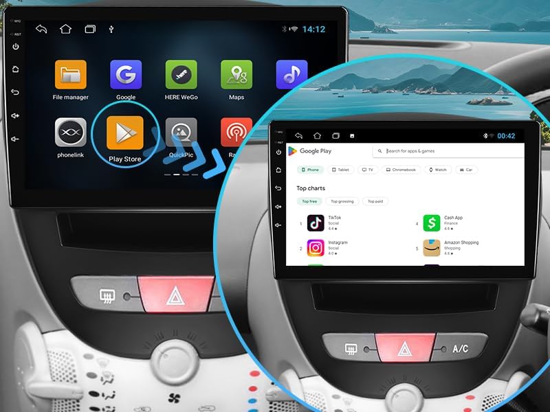 2G 64G Android 14 Car Stereo Android Multimedia Radio for Peugeot 107/Toyota Aygo/Citroen C1 2004-2014 Wireless Carplay, Android Auto GPS Navigation SWC+ Backup Camera