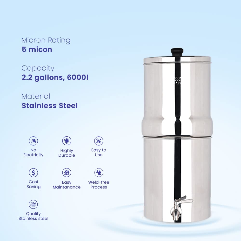 Roestvrijstalen Zwaartekracht Waterfiltersysteem Glanzend – Waterfilter – Waterzuiveraar – Drinkwaterfilter – Waterzuiveringsinstallatie – 8,5 Liter – Zonder Elektriciteit