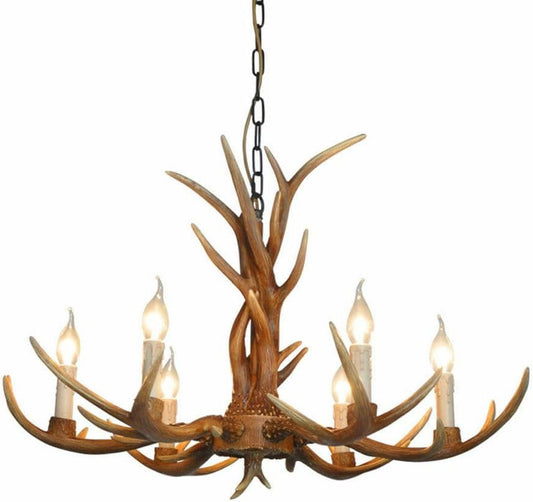 Retro plafondlamp – Geweilamp – Kroonluchter – Hanglamp – Antler lamp – Verstelbare hoogte – 6 x E14 Fittingen – Hars materiaal – Diameter 75 cm