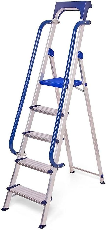 Hostrom Trapladder, 5 treden, versterkt aluminium, beveiligd met leuningen, gereedschapshouder, platformhoogte 112 cm, belasting 150 kg