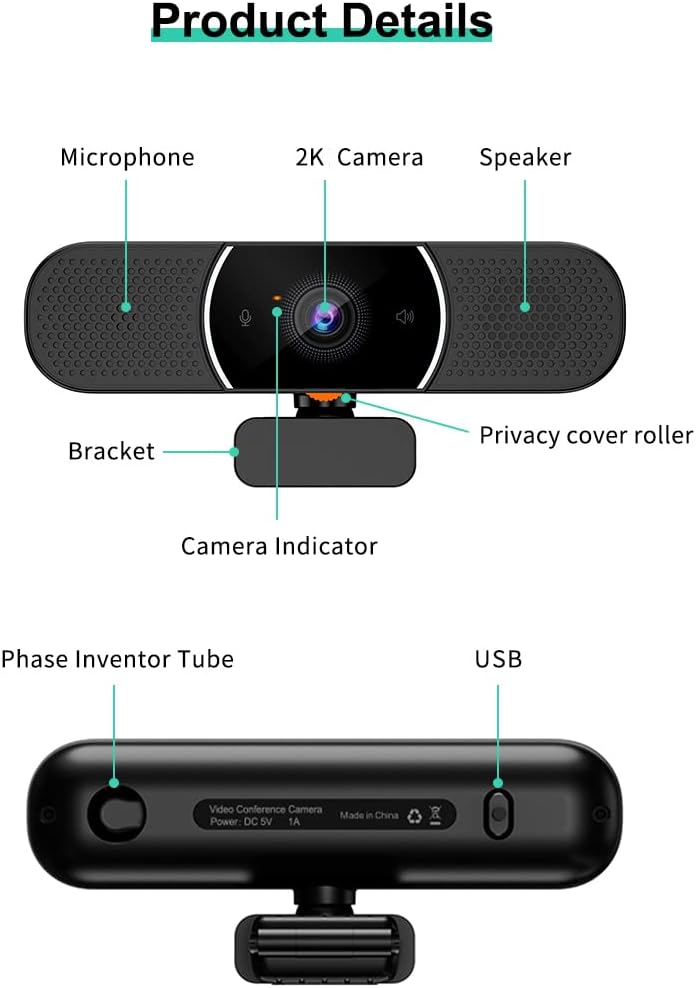 OwlBar Mini, conferentiecamera met microfoon en luidspreker, groothoek 2k QHD USB-videoconferentiecamera voor vergaderruimte en kantoor, compatibel met Zoom, MS Teams, Google Meet, laptop/pc/Mac