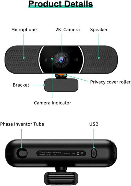 OwlBar Mini, conferentiecamera met microfoon en luidspreker, groothoek 2k QHD USB-videoconferentiecamera voor vergaderruimte en kantoor, compatibel met Zoom, MS Teams, Google Meet, laptop/pc/Mac