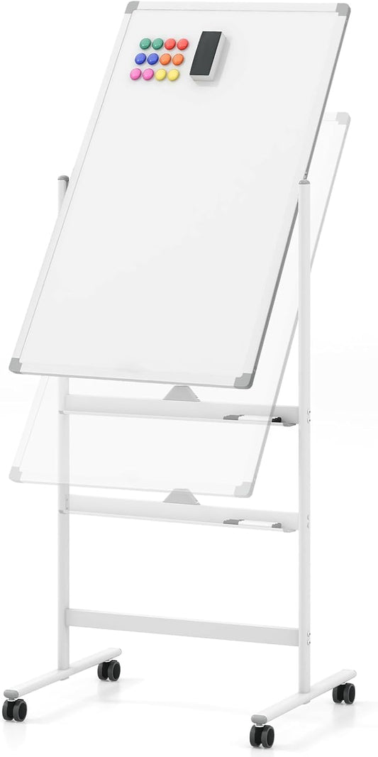 FANTASK Dubbelzijdig mobiel whiteboard, 60 x 100 cm, in hoogte verstelbaar magnetisch whiteboard met wieltjes, standaard en pennenbakje, incl. accessoires voor school, kantoor, thuis (wit)