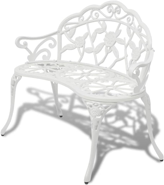 Garden Bench Made of Cast Aluminium 100 cm White for 2 Persons, Legs Made of Robust Cast Iron and Flower Design, Weatherproof Outdoor Seat Surface - QUORE