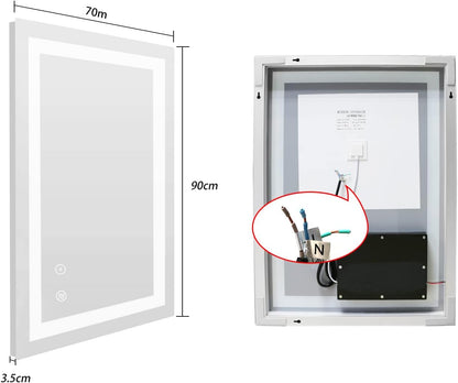LED Badkamerspiegel – Spiegel – Badkamer Spiegel – Muurspiegel – Verlichte Spiegel – 90 x 70 cm – Anti-Fog – Verstelbare LED Verlichting