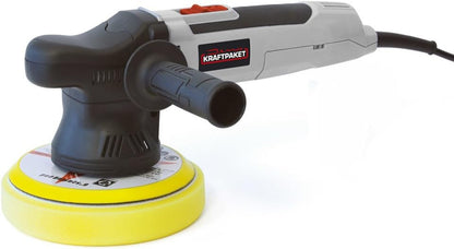 Dino KRAFTPAKET 640296 Excentrische polijstmachine, 9 mm - 650 W, traploos in een set, 150 mm, steunschijf, 125 mm, 160 mm, polijstspons, polijstschijf, tas voor auto, boot, grijs