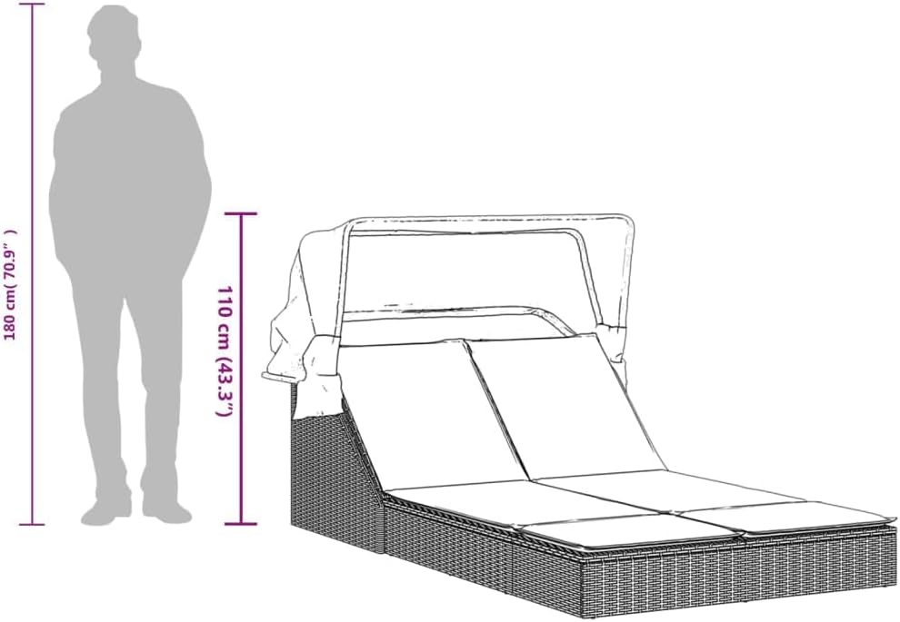Double Sun Lounger with Retractable Canopy and Grey Polyrattan Outdoor Cushions Adjustable Backrest, Weatherproof and UV Resistant Material - QUORE