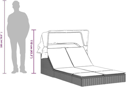 Double Sun Lounger with Retractable Canopy and Grey Polyrattan Outdoor Cushions Adjustable Backrest, Weatherproof and UV Resistant Material - QUORE