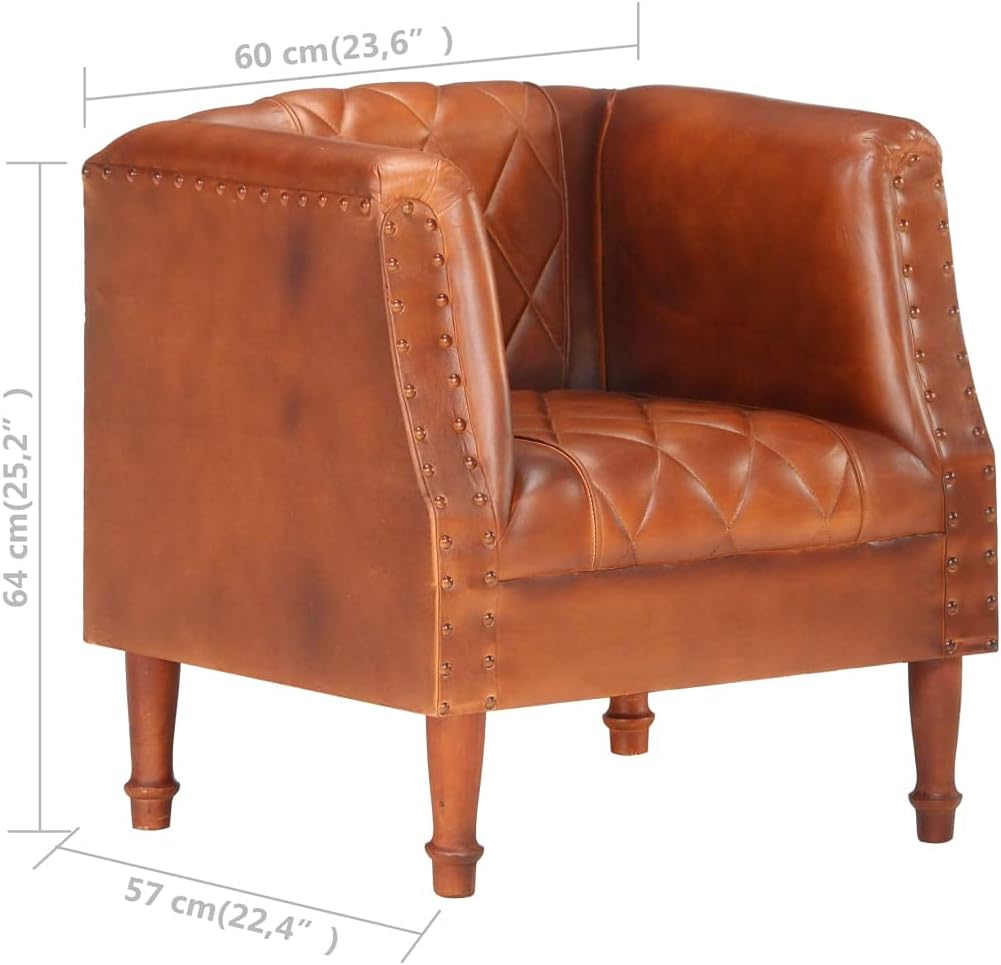 Fauteuil Bruin Echt Geitenleer – Loungestoel – Televisiestoel – Relaxstoel – Bureaustoel – Massief Mangohouten Poten – Extra Dikke Voering