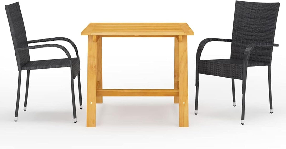 Tidyard Eetkamermeubelset voor tuin, 3-delig, set van tafel en stoelen voor buiten, massieve acaciatafel, rotan stoelen, voor terras, balkon, zwart - QUORE