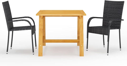 Tidyard Eetkamermeubelset voor tuin, 3-delig, set van tafel en stoelen voor buiten, massieve acaciatafel, rotan stoelen, voor terras, balkon, zwart - QUORE