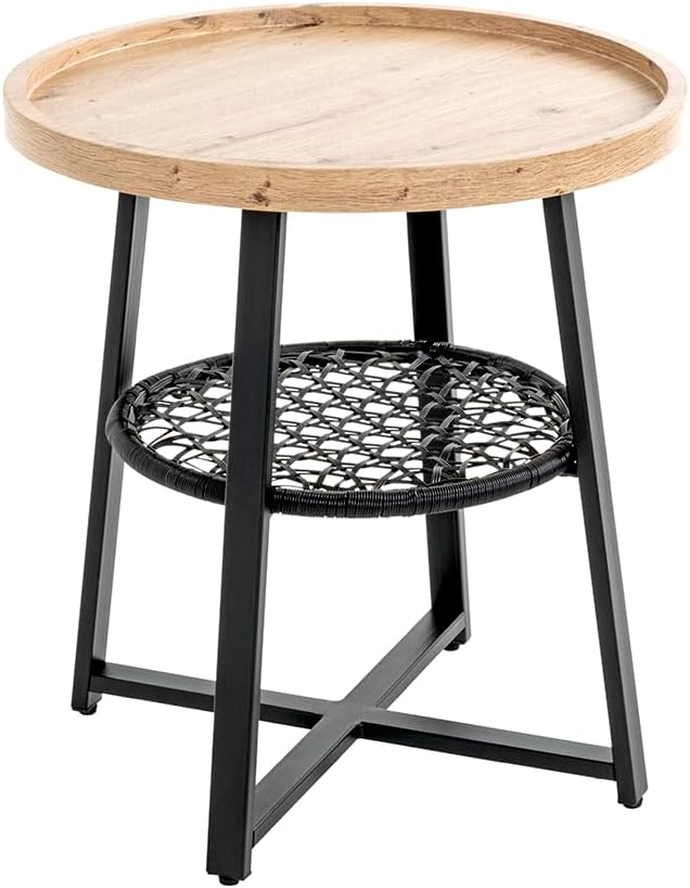 HAKU Bijzettafel, eiken, zwart, MDF, metaal, textielweefsel - afmetingen: H 55 x Ø 50 cm, stijl: modern