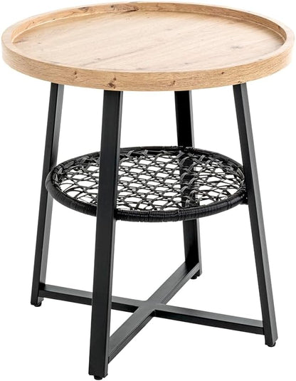 HAKU Bijzettafel, eiken, zwart, MDF, metaal, textielweefsel - afmetingen: H 55 x Ø 50 cm, stijl: modern