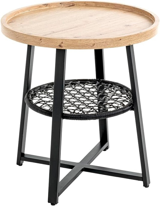 HAKU Bijzettafel, eiken, zwart, MDF, metaal, textielweefsel - afmetingen: H 55 x Ø 50 cm, stijl: modern