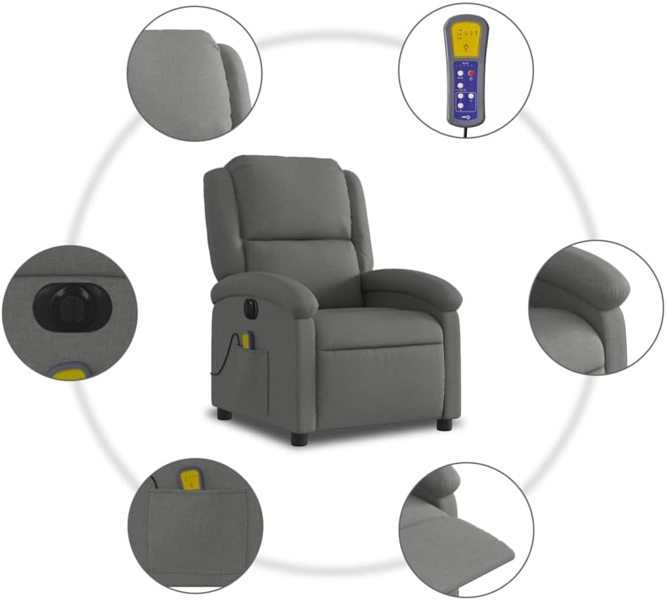 Massagestoel, elektrisch, donkergrijs, stof, relaxstoel, massagestoel, televisiestoel, ligfunctie, elektrisch kantelsysteem, mA2 - QUORE