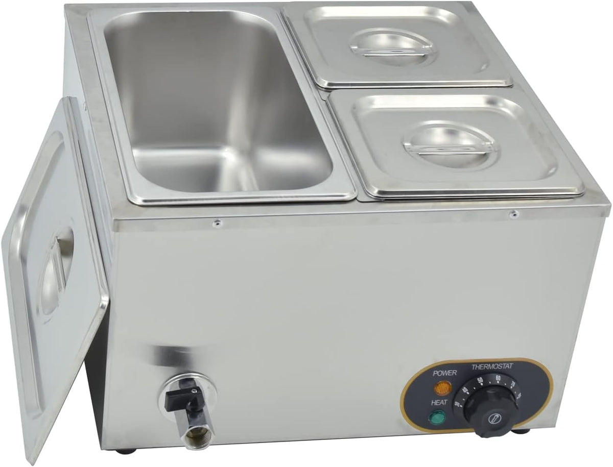 Elektrisch waterbad van roestvrij staal, voedselwarmer buffet, 1 x 1/3 GN container + 2 x 1/6, met deksel, instelbare temperatuur 30 °C - 85 °C