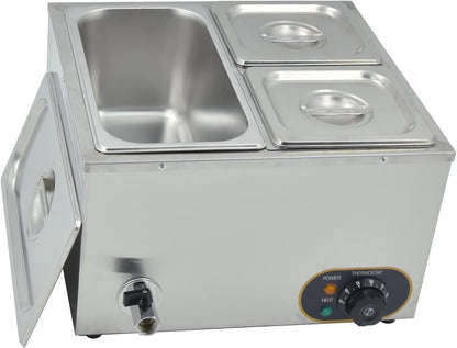 Elektrisch waterbad van roestvrij staal, voedselwarmer buffet, 1 x 1/3 GN container + 2 x 1/6, met deksel, instelbare temperatuur 30 °C - 85 °C