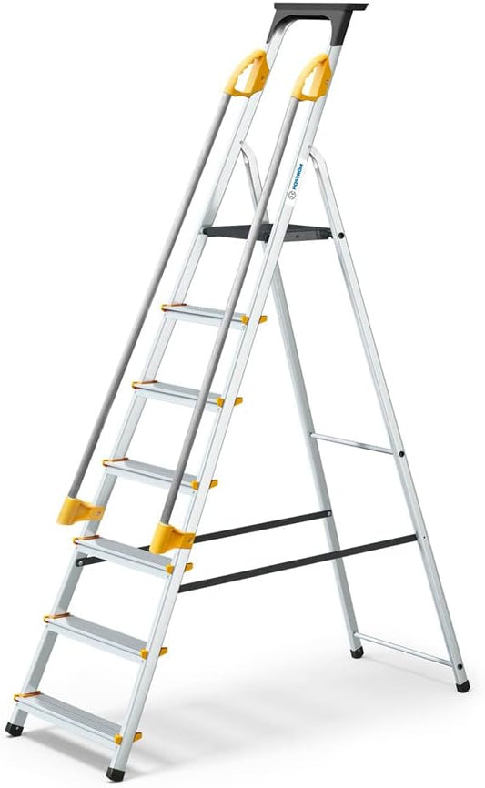 DURAMP veilige trapladder met 7 treden, met hellingen, gereedschapshouder, inklapbaar, aluminium, platformhoogte 140 cm, 5 jaar garantie Hoström