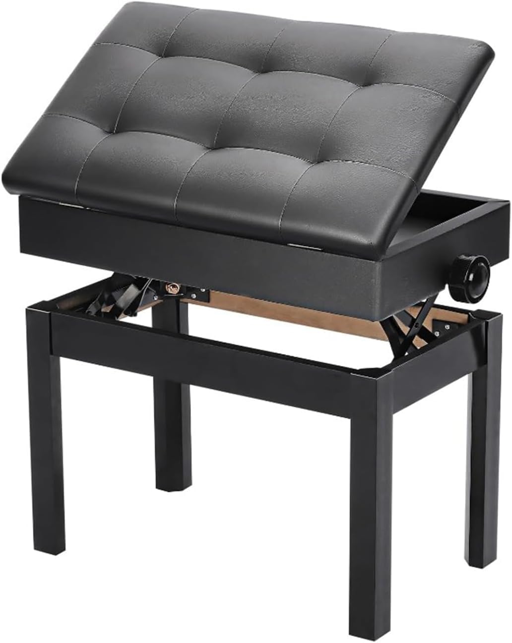 Piano zitbank 56 x 33,5 x 58 cm Verstelbare hoogte met PU leder Gepolsterde zitkussen Opbergruimte Smaak Afbergvak Hocker Zwart