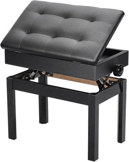 Piano zitbank 56 x 33,5 x 58 cm Verstelbare hoogte met PU leder Gepolsterde zitkussen Opbergruimte Smaak Afbergvak Hocker Zwart