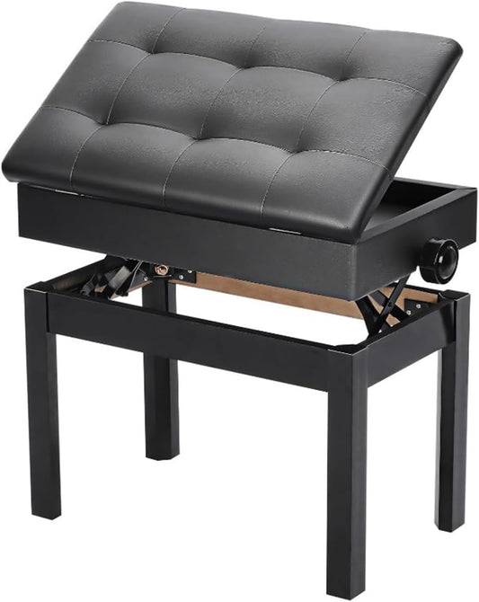 Piano zitbank 56 x 33,5 x 58 cm Verstelbare hoogte met PU leder Gepolsterde zitkussen Opbergruimte Smaak Afbergvak Hocker Zwart