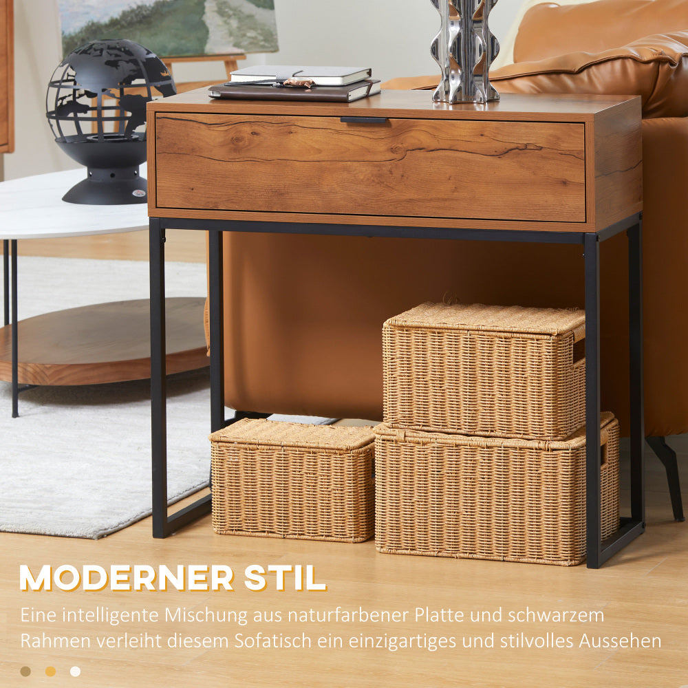 Sidetable – Consoletafel – Haltafel – Wandtafel – Bijzettafel – Stalen Frame – Compact 80x30x76 cm – Zwart/Naturel Met Wit Accent – Met 2 Laden – Eenvoudige Montage