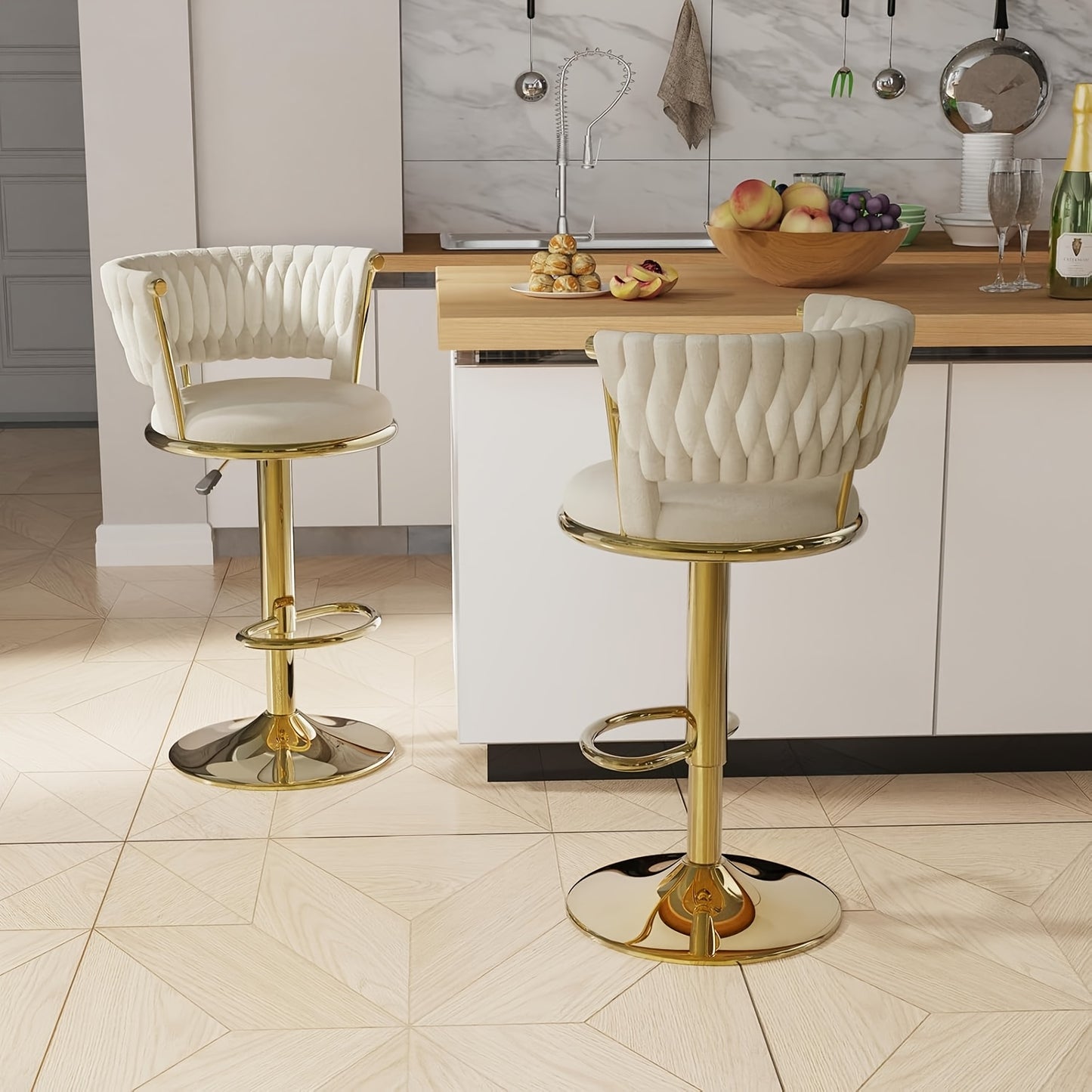 Luxe Royal-Style Barkruk – Verstelbare Hoogte, Draaibaar – Fluwelen Zitting met Gouden Poten, Stevige Ronde Kruk voor Keuken, Home Bar of Café – Elegant Design in Goud & Wit