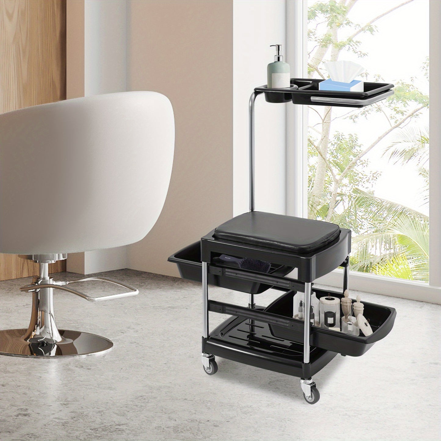Opbergtrolley – Opbergwagen – Trolley – Beautywagen – Salonwagen – Mobiel Met 3 Uitklapbare Trays – Zwart ABS Met PU Bekleding – 150 Kg Draagkracht – Vergrendelbare Zwenkwielen