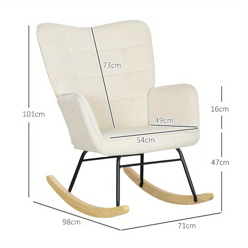 Beige Velvet Schommelstoel – Lounge Stoel – Accentstoel – Relaxstoel – Fauteuil – Met Gebogen Houten Runners – Stijlvolle Metal Frame – Comfortabel Kussen – Gemakkelijk Te Reinigen