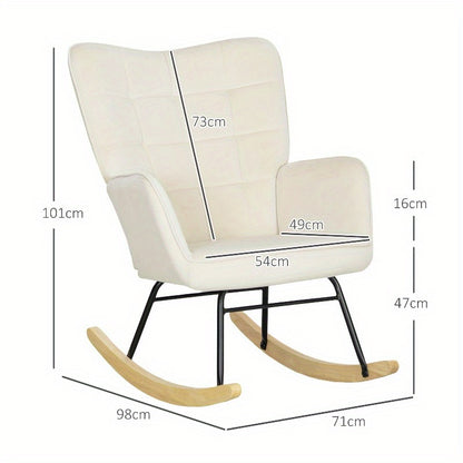 Beige Velvet Schommelstoel – Lounge Stoel – Accentstoel – Relaxstoel – Fauteuil – Met Gebogen Houten Runners – Stijlvolle Metal Frame – Comfortabel Kussen – Gemakkelijk Te Reinigen