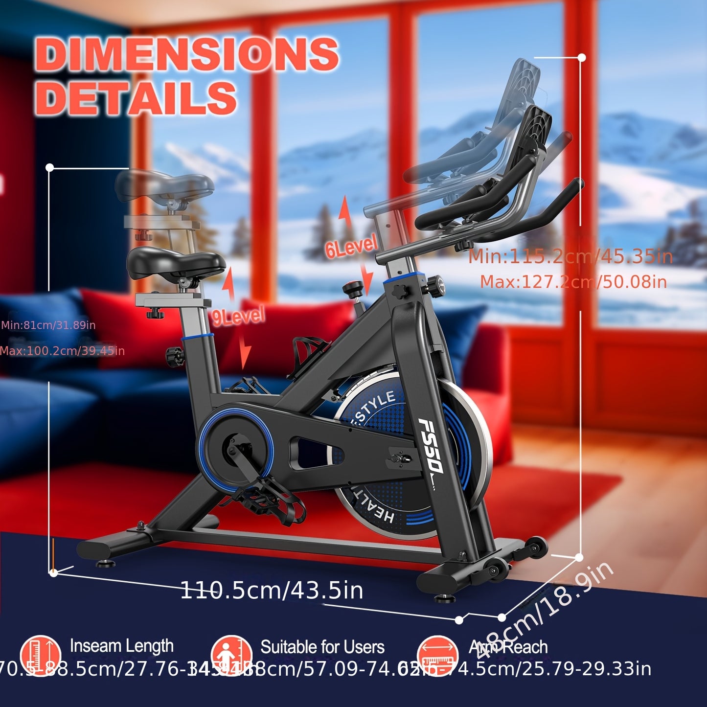 Vowvit Exercise Bike with 300 Watt Resistance Torque, 4-Way Fully Adjustable Ergometer Home Trainer Bicycle, Indoor Fitness Bikes with RPM Display, Large Tablet Holder, 150 kg Load Capacity, Without Battery