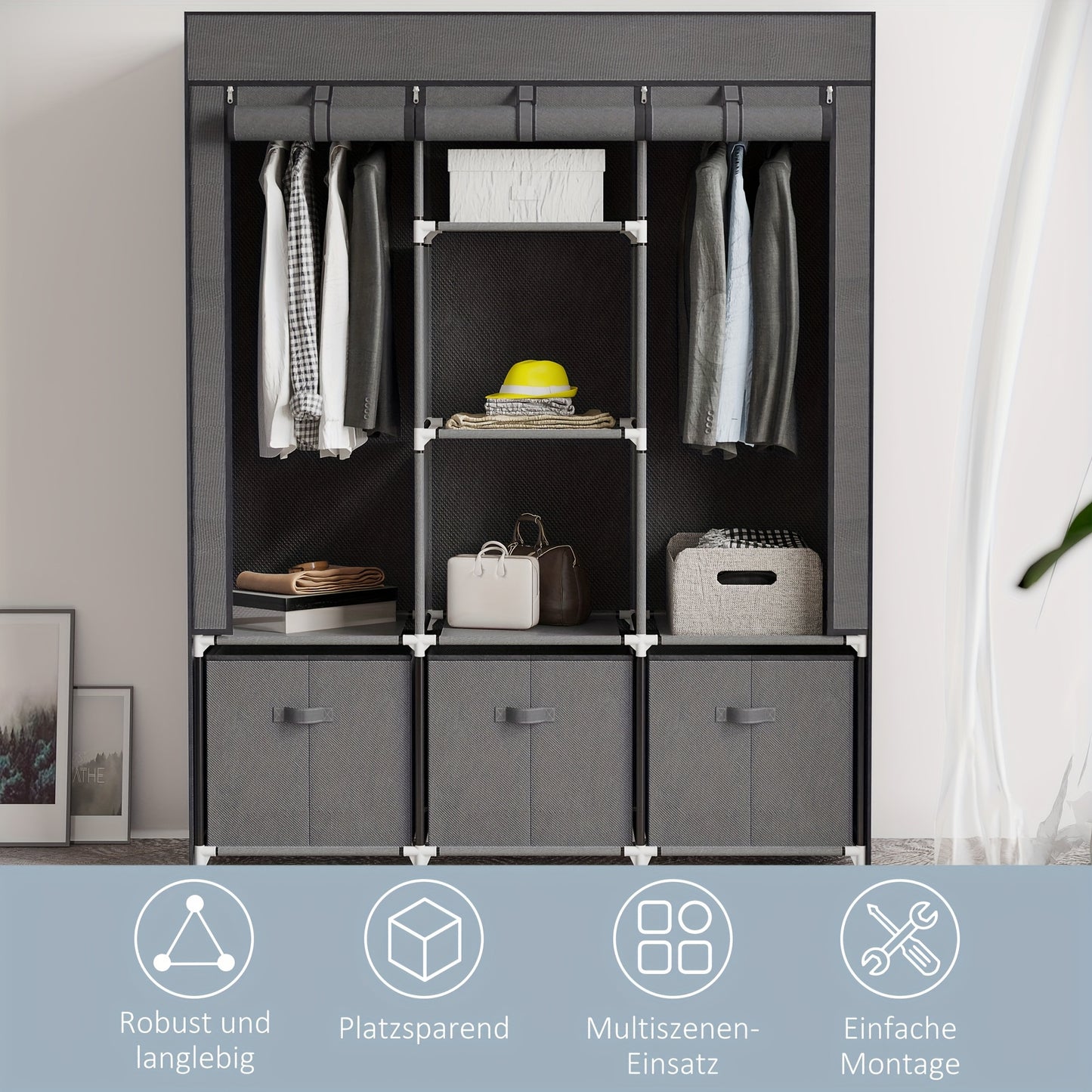 Opvouwbare Kledingkast – Garderobekast – Kleerkast – Stoffen Kast – Opbergkast – Donkergrijs Niet-Geweven Stof – Stevig Metalen Frame – 125x43x162,5 cm – Ruimtebesparend & Draagbaar