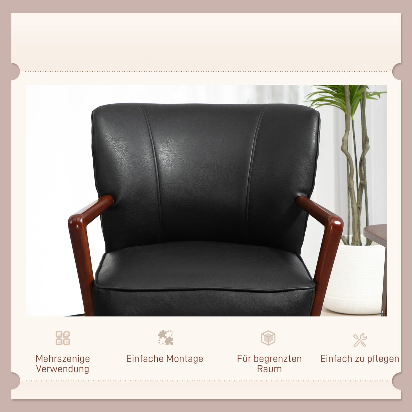 Accentstoel – Fauteuil – Bergère – Lounge Stoel – Relaxstoel – Kunstleer – Brede Zitting – Massief Rubberhout – Draaggewicht 120 kg – Compact 67x77x80 cm – Zwart