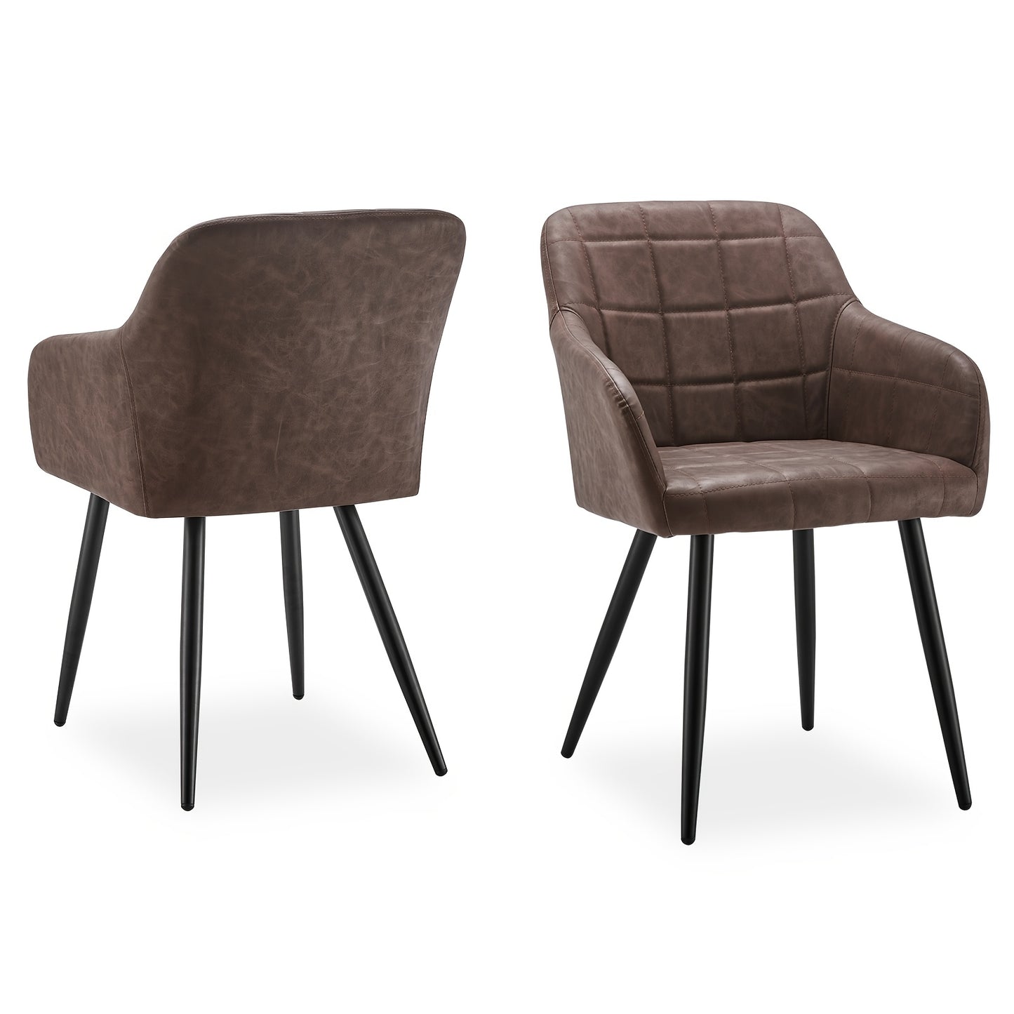 Eetkamerstoelen – Stoel Met Armleuning – Accentstoel – Kunstleren Stoel – Woonkamerstoel – Set Van 2 – Bruin – Memory Foam Zitting – Metalen Poten