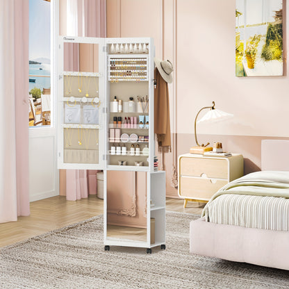 Sieradenkast – Juwelenkast – Spiegelkast – Sieradenorganizer – Opbergkast – 5-in-1 Design – MDF Met Fluwelen Bekleding – Afsluitbaar Met Sleutel – Volledige Lengte Spiegel Met 8 LED-Verlichting – Wielen