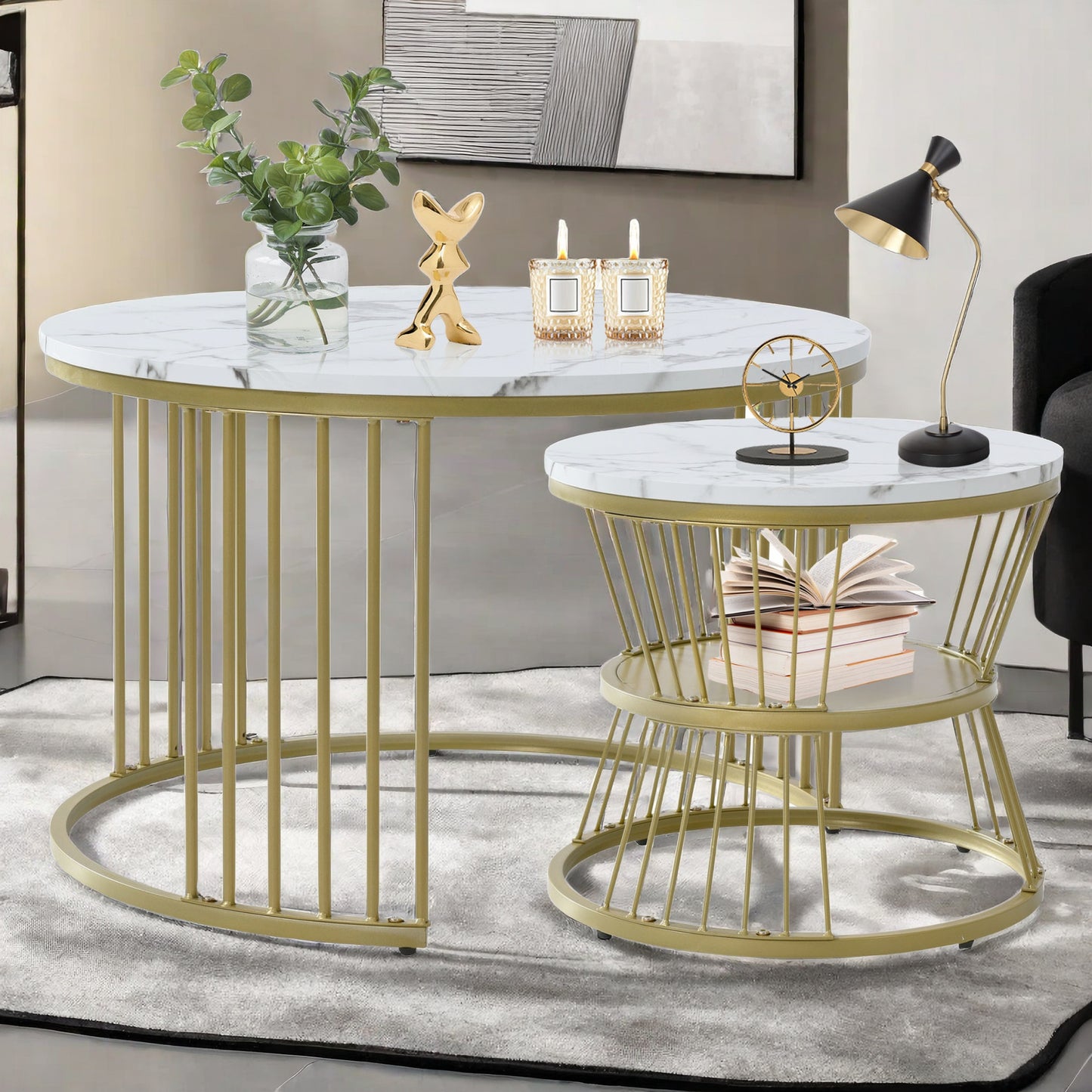 Bijzettafel – Koffietafel – Salontafel – Zijtafel – Banktafel – Ronde Set – Marmerpatroon – Stapelbaar Design – MDF Tafelblad – Metalen Onderstel