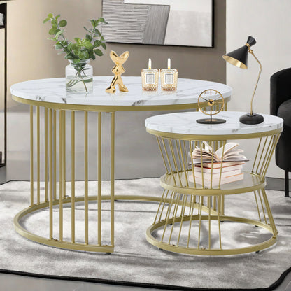 Bijzettafel – Koffietafel – Salontafel – Zijtafel – Banktafel – Ronde Set – Marmerpatroon – Stapelbaar Design – MDF Tafelblad – Metalen Onderstel