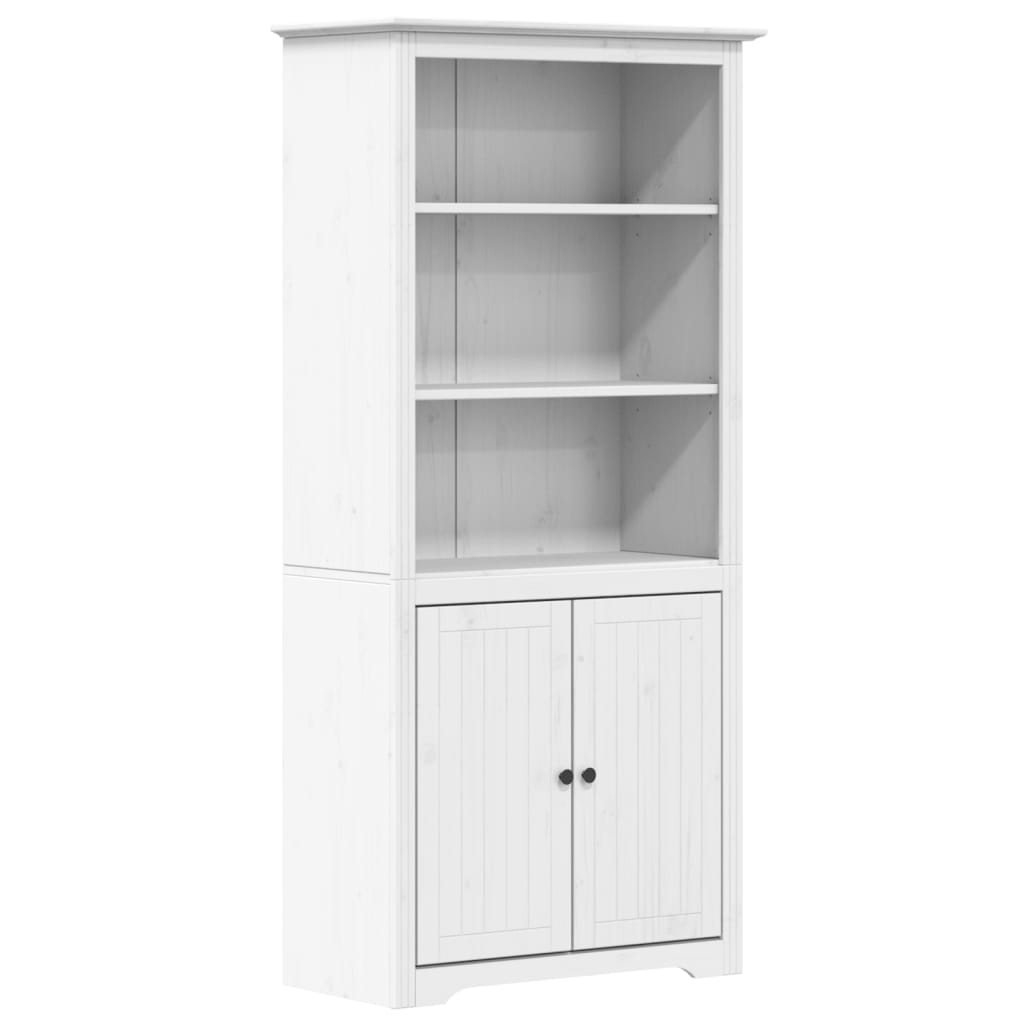 boekenkast – boekenrek – opbergkast – wandkast – vakkenkast – massief dennenhout – 3 open planken met 2 deuren – wit Frans design