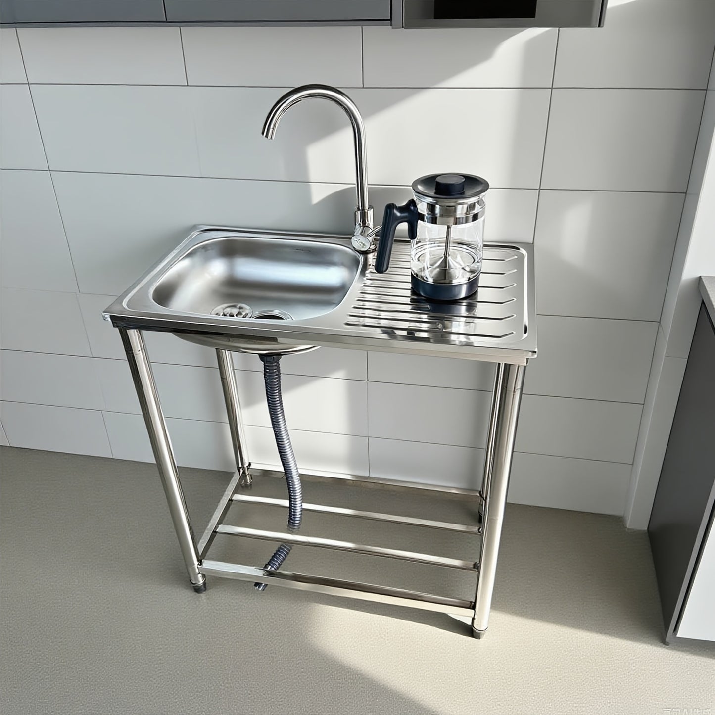 Stainless Steel Freestanding Sink with Workbench & Faucet - Heavy-Duty 304 Grade All-Weather Outdoor/Indoor Use, Large Capacity Durable Polished Sink for Kitchen, Camping, Garden, Garage, Holiday Events - Easy-Clean Surface &
