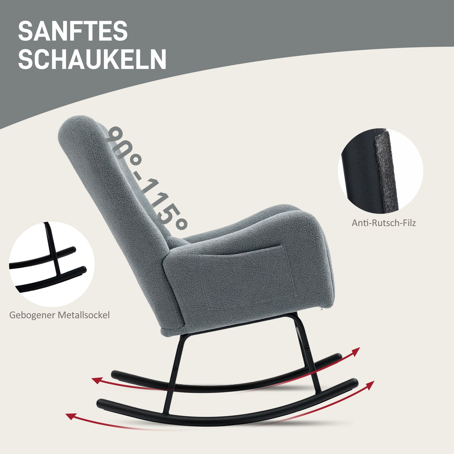 Schommelstoel – Schommelstoel Met Kussen – Relaxstoel – Loungestoel – Bureaustoel – Grijs – Pluche Bekleding – Ergonomisch Rugkussen