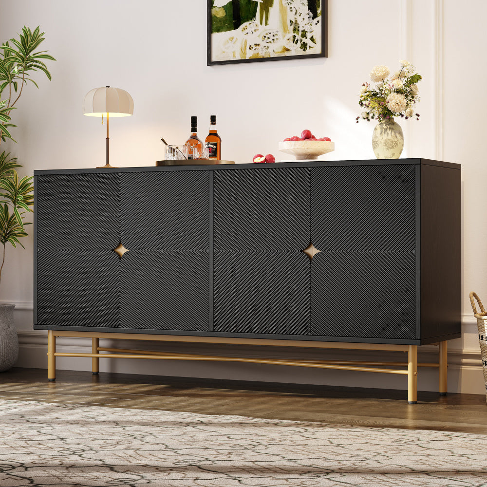Extra Lange Kast – Dressoir – Sideboard – Opbergkast – Vitrinekast – 160 cm Breed – Zwart Spaanplaat – Vrijstaand Ontwerp – Gouden Handgrepen & Poten