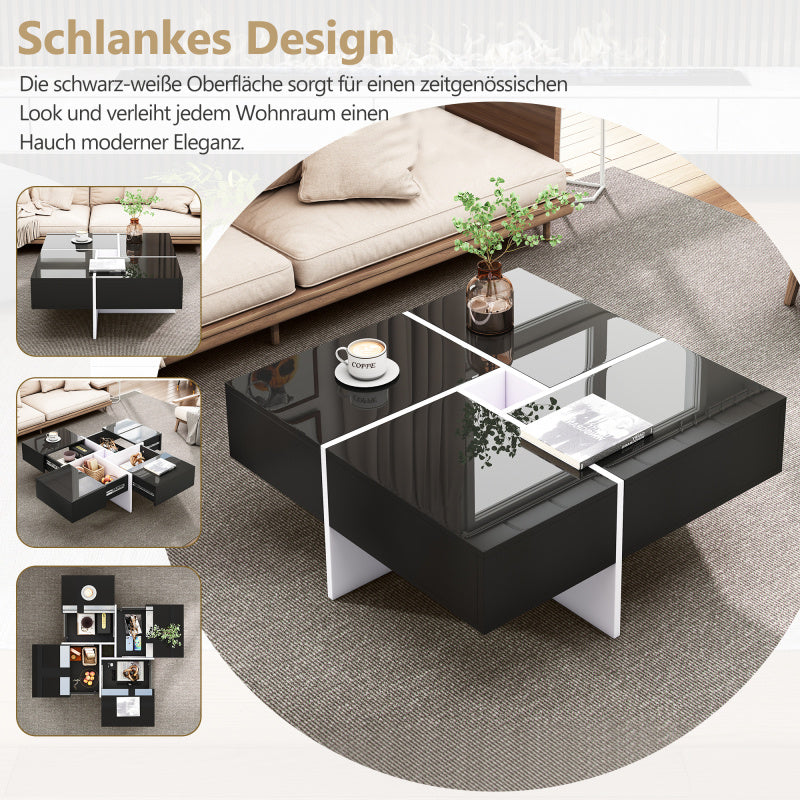 Salontafel – Koffietafel – Bijzettafel – Woonkamertafel – Tafeltje – Hoogglans Zwart-Wit – 70x70x35 cm – Met Opbergruimte en 4 Laden