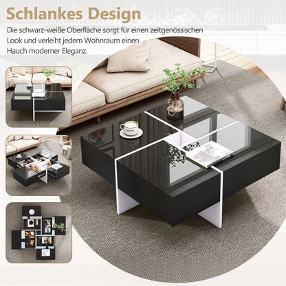 Salontafel – Koffietafel – Bijzettafel – Woonkamertafel – Tafeltje – Hoogglans Zwart-Wit – 70x70x35 cm – Met Opbergruimte en 4 Laden