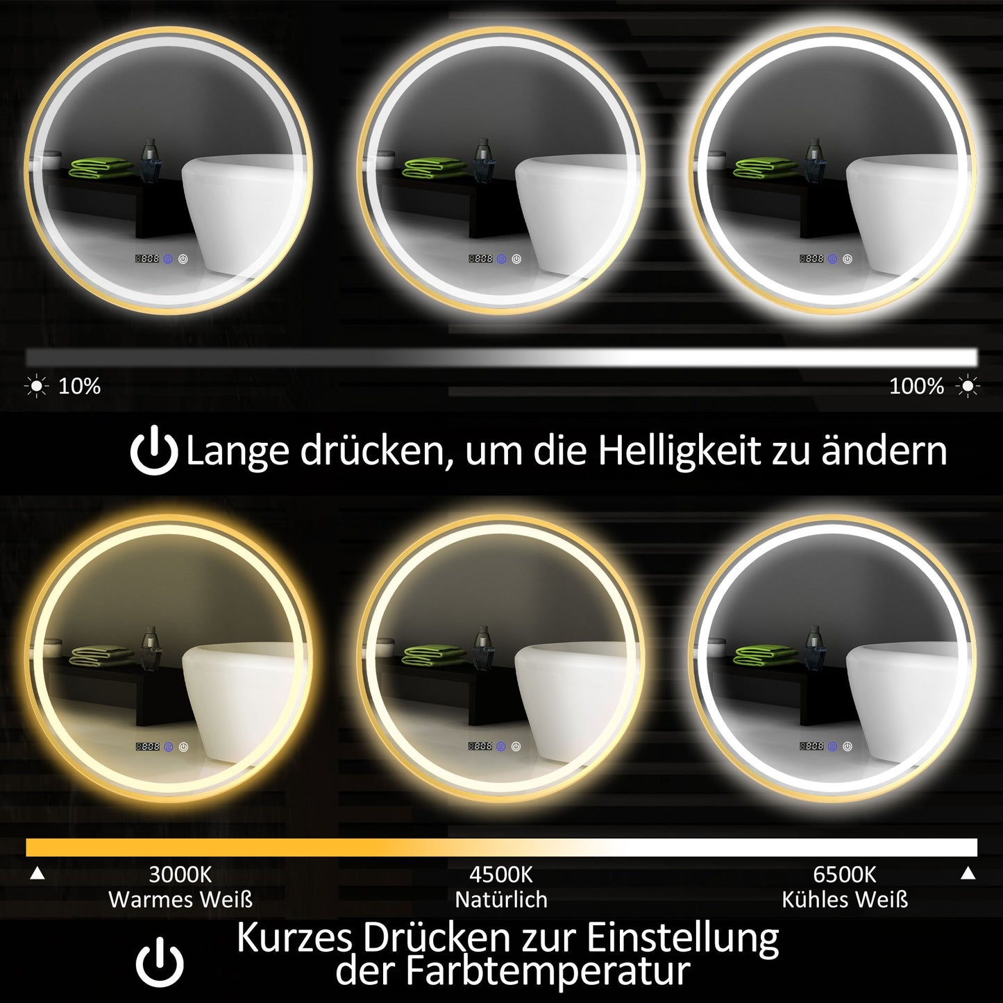 Ronde Badkamerspiegel – Spiegel Met LED Verlichting – Badkamerspiegel Met Antibeslag – Touch Spiegel – Digitale Badkamerspiegel – Goudkleurig Design – Zelfvoorzienende Stroom – Tijd- En Temperatuurweergave